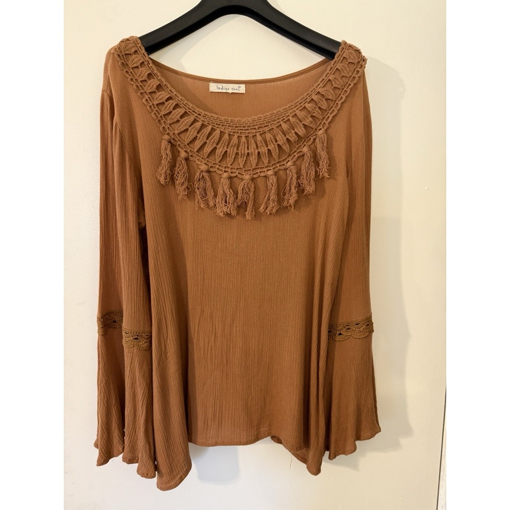 Indigo Soul Womens Brown Tunic‎ M Tassels Crochet Bell Sleeves Festival Boho